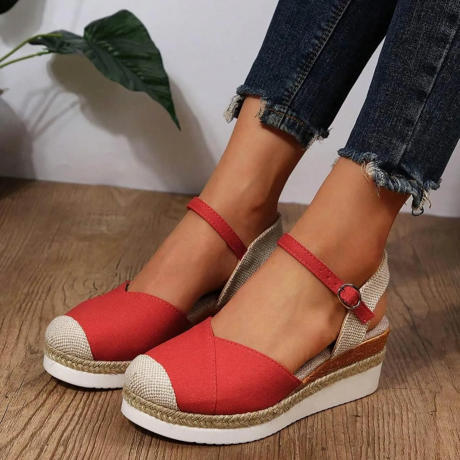 2025 Women'S Sandals Retro Trendy Closed Toe Platform Sandals Casual Canvas Dressy Ankle Elastic Strap Wedge Heels Sandals