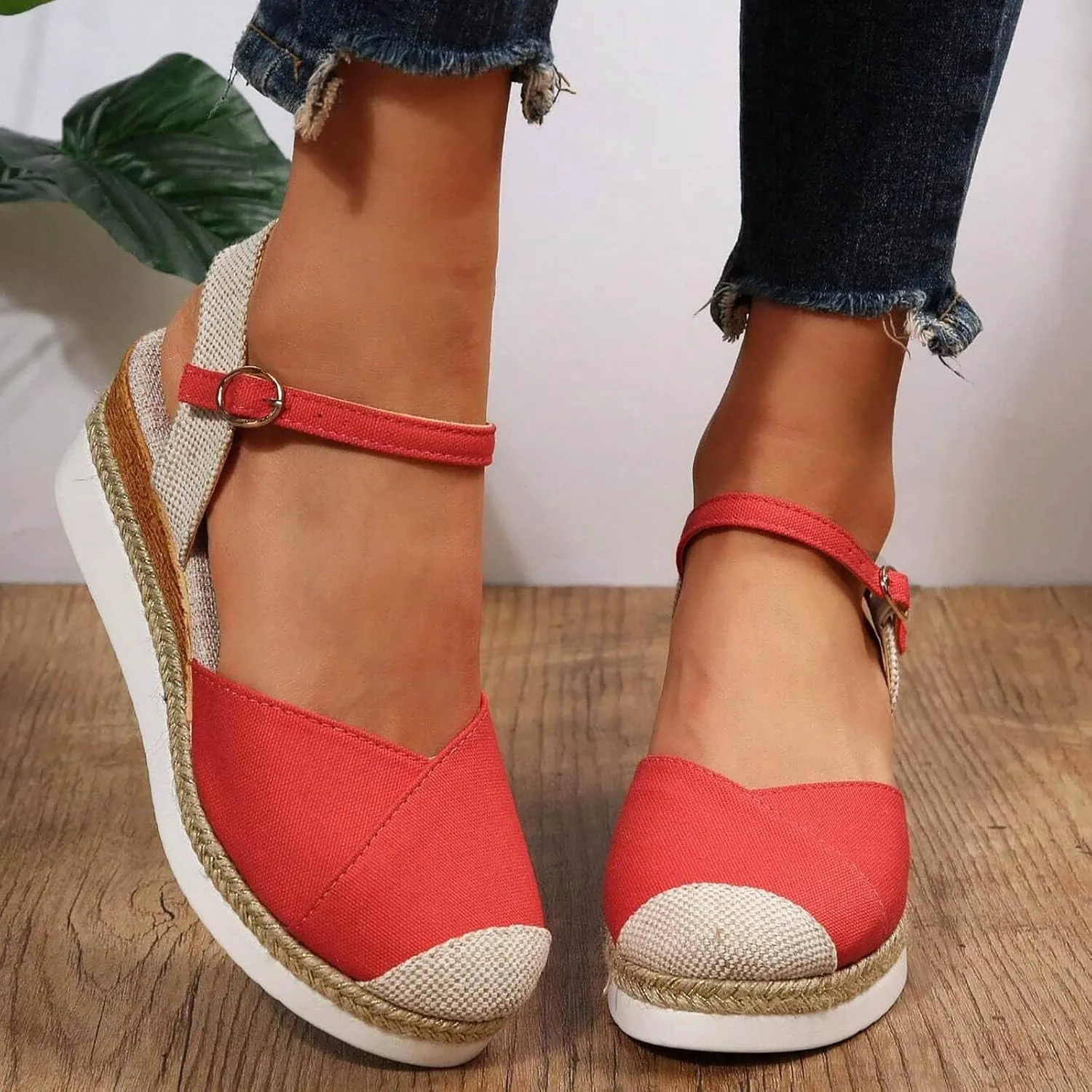2025 Women'S Sandals Retro Trendy Closed Toe Platform Sandals Casual Canvas Dressy Ankle Elastic Strap Wedge Heels Sandals