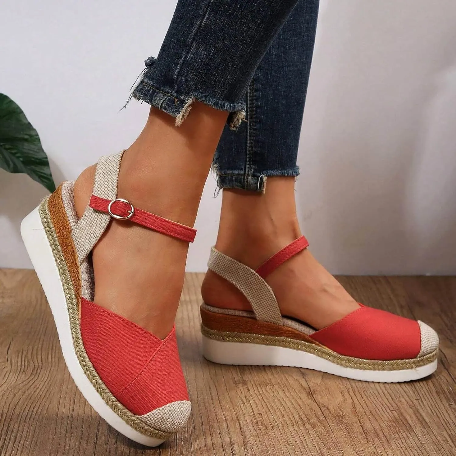 2025 Women'S Sandals Retro Trendy Closed Toe Platform Sandals Casual Canvas Dressy Ankle Elastic Strap Wedge Heels Sandals