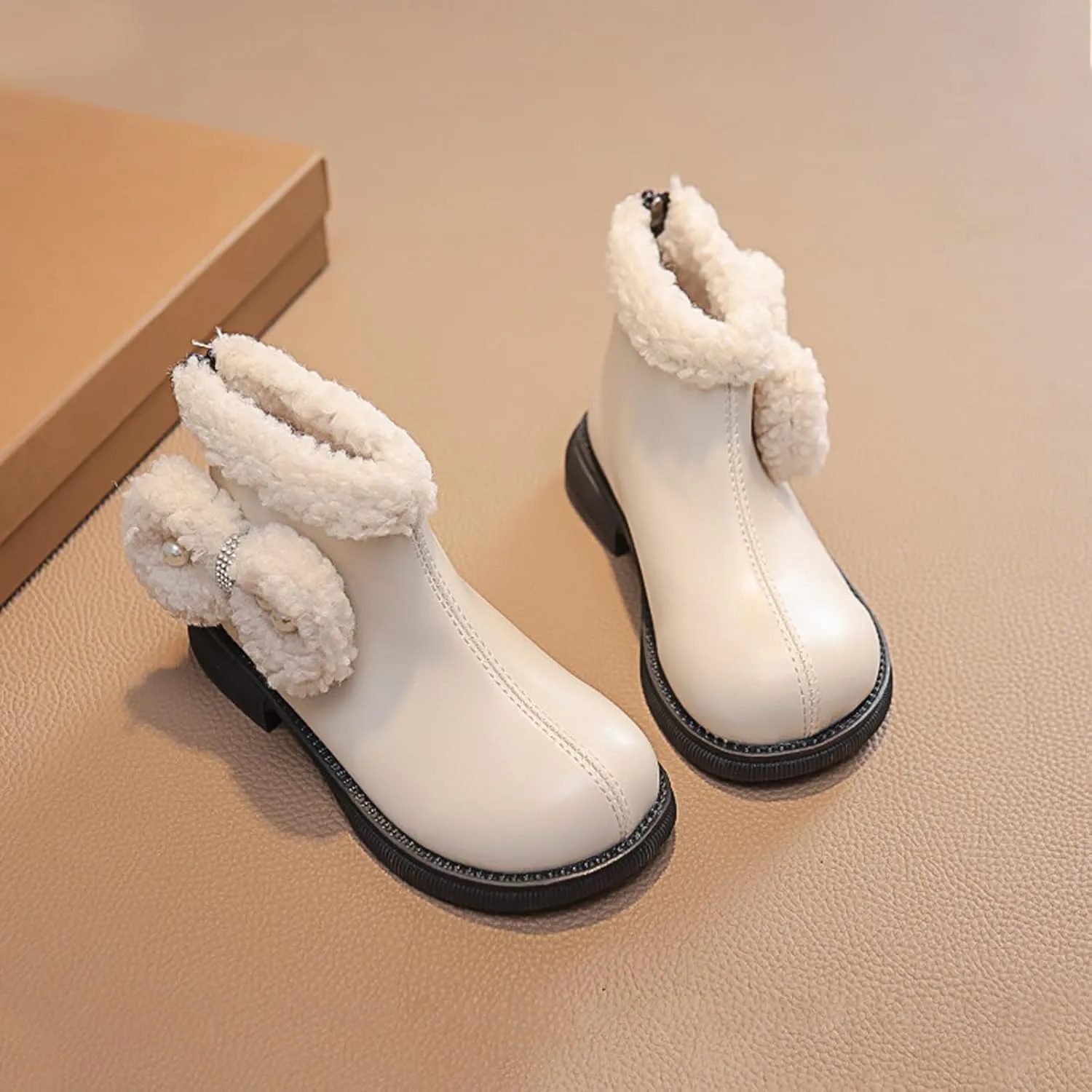 Big Kids Girls Winter Fleece Plush Ankle Booties PU Leather Water-Proof Faux  Lined Thick Comfortable Shoes