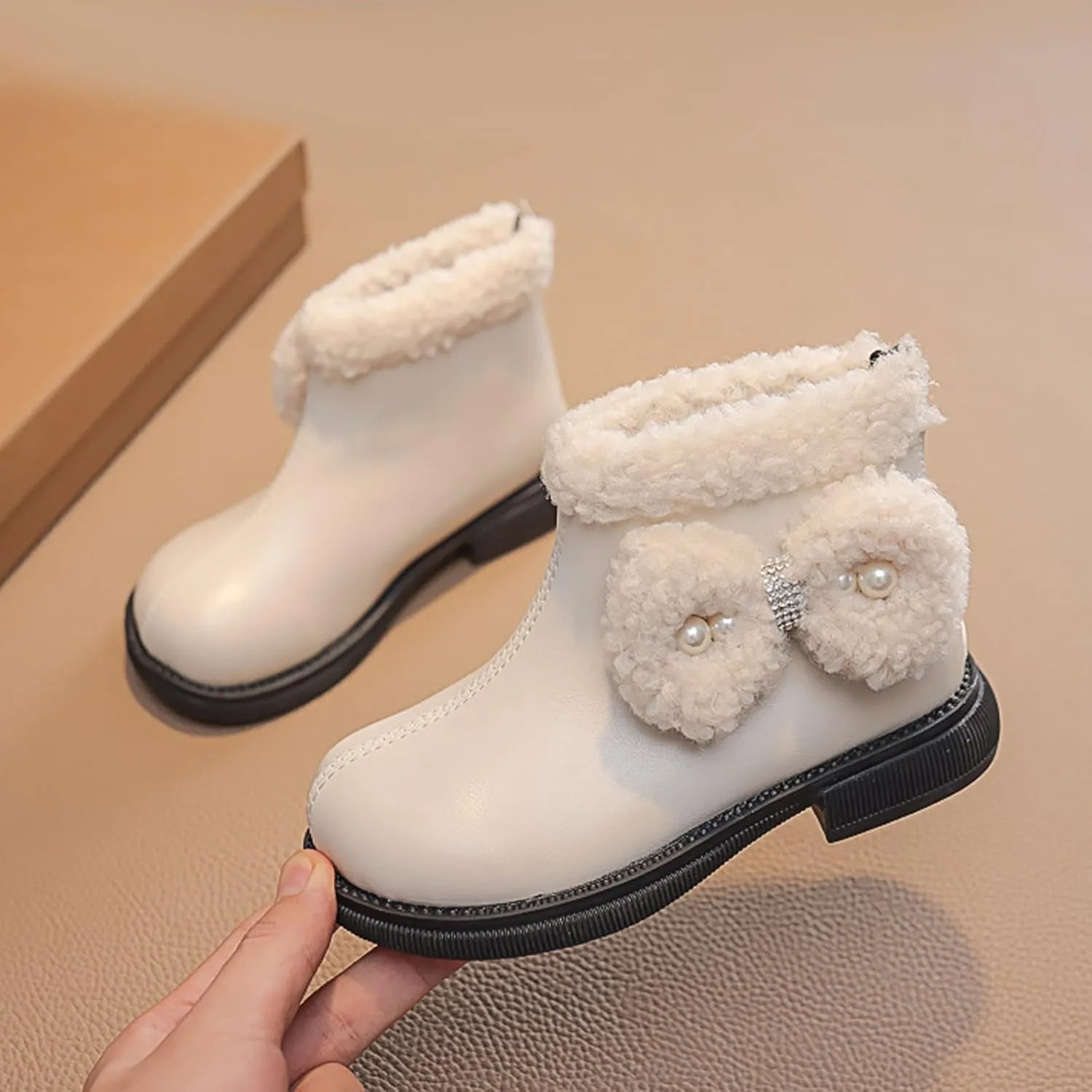 Big Kids Girls Winter Fleece Plush Ankle Booties PU Leather Water-Proof Faux  Lined Thick Comfortable Shoes