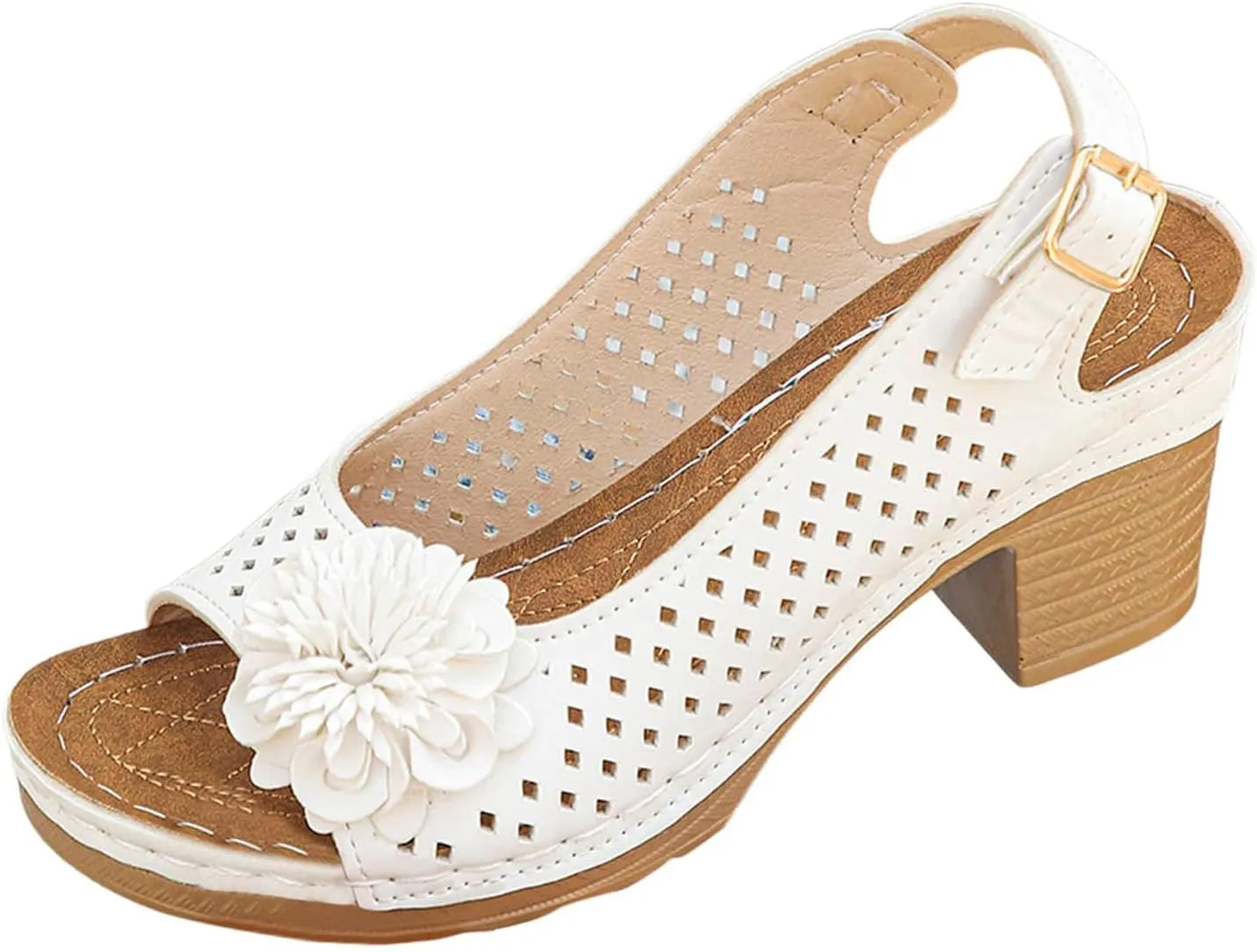 Block Heel Sandals for Women Comfortable Hollow Out Flowers Fish Mouth Slingback Sandals Summer Casual Slip on Dressy Shoes