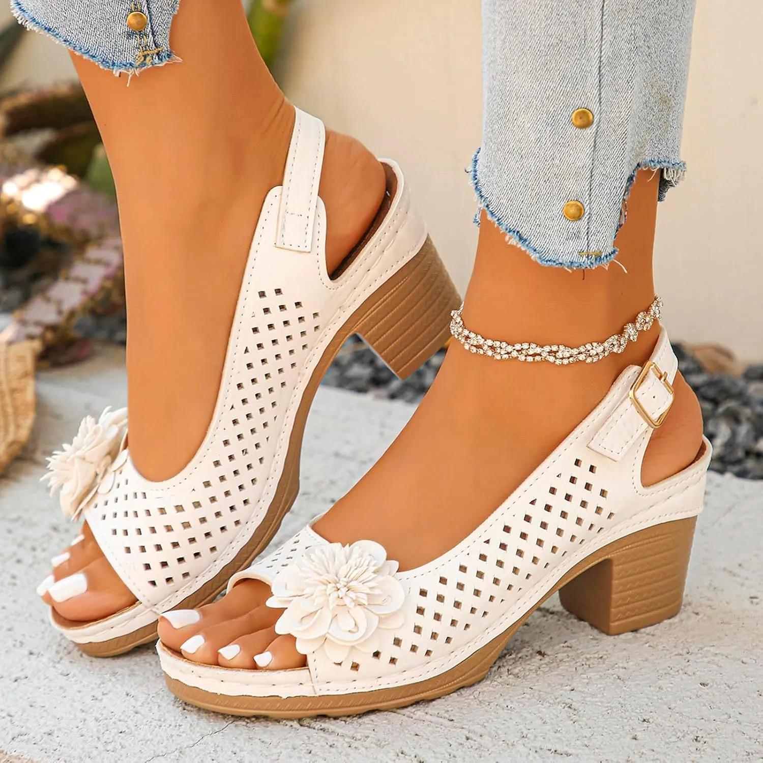 Block Heel Sandals for Women Comfortable Hollow Out Flowers Fish Mouth Slingback Sandals Summer Casual Slip on Dressy Shoes