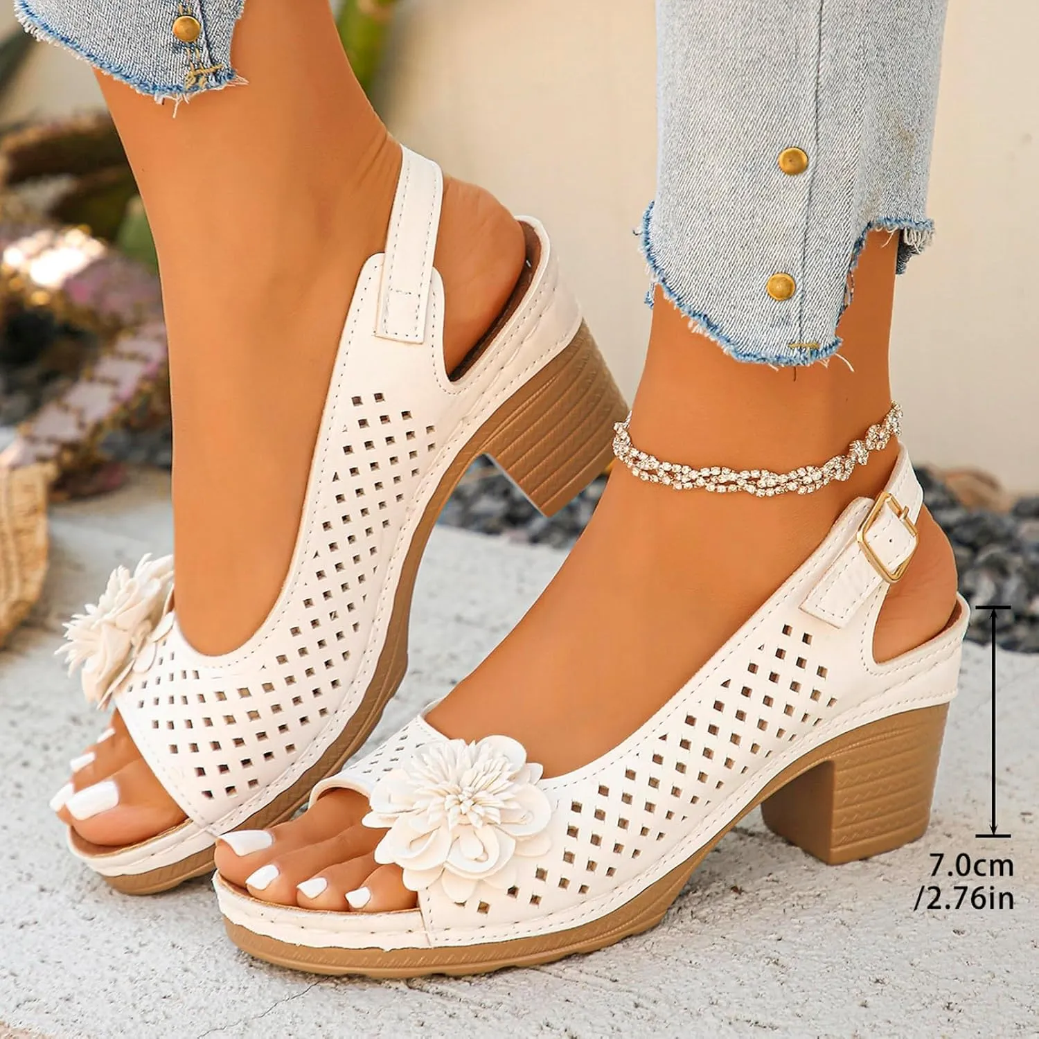 Block Heel Sandals for Women Comfortable Hollow Out Flowers Fish Mouth Slingback Sandals Summer Casual Slip on Dressy Shoes
