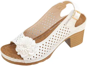 Block Heel Sandals for Women Comfortable Hollow Out Flowers Fish Mouth Slingback Sandals Summer Casual Slip on Dressy Shoes