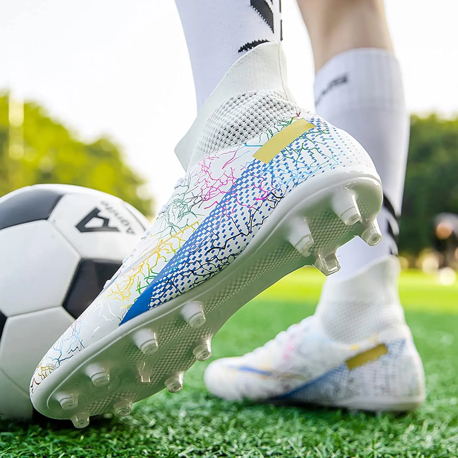 CERYTHRINA Mens Athletic Soccer Boots Kids High-Top Cleats Football Soccer Shoe Outdoor Professional Turf Non-Slip Competition Trainings Sneaker