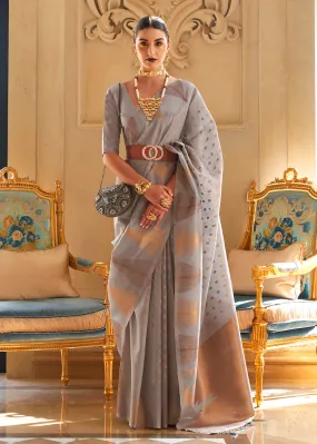 Charming Grey Tissue Zari Weaving Bollywood Saree