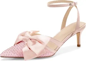 Coutgo Womens Kitten Low Heels Rhinestone Mesh Bow Heels Closed Pointed Toe Ankle Strap Pumps Dress Wedding Shoes