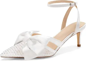 Coutgo Womens Kitten Low Heels Rhinestone Mesh Bow Heels Closed Pointed Toe Ankle Strap Pumps Dress Wedding Shoes