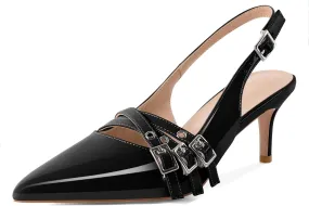 Eldof Women Slingback Heels Eyelet Buckle Strap Pointed Toe Slip On Kitten Heel Pumps Shoes Dressy 2.5 Inches
