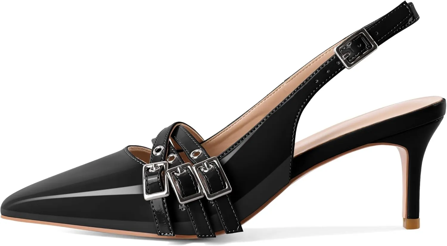 Eldof Women Slingback Heels Eyelet Buckle Strap Pointed Toe Slip On Kitten Heel Pumps Shoes Dressy 2.5 Inches