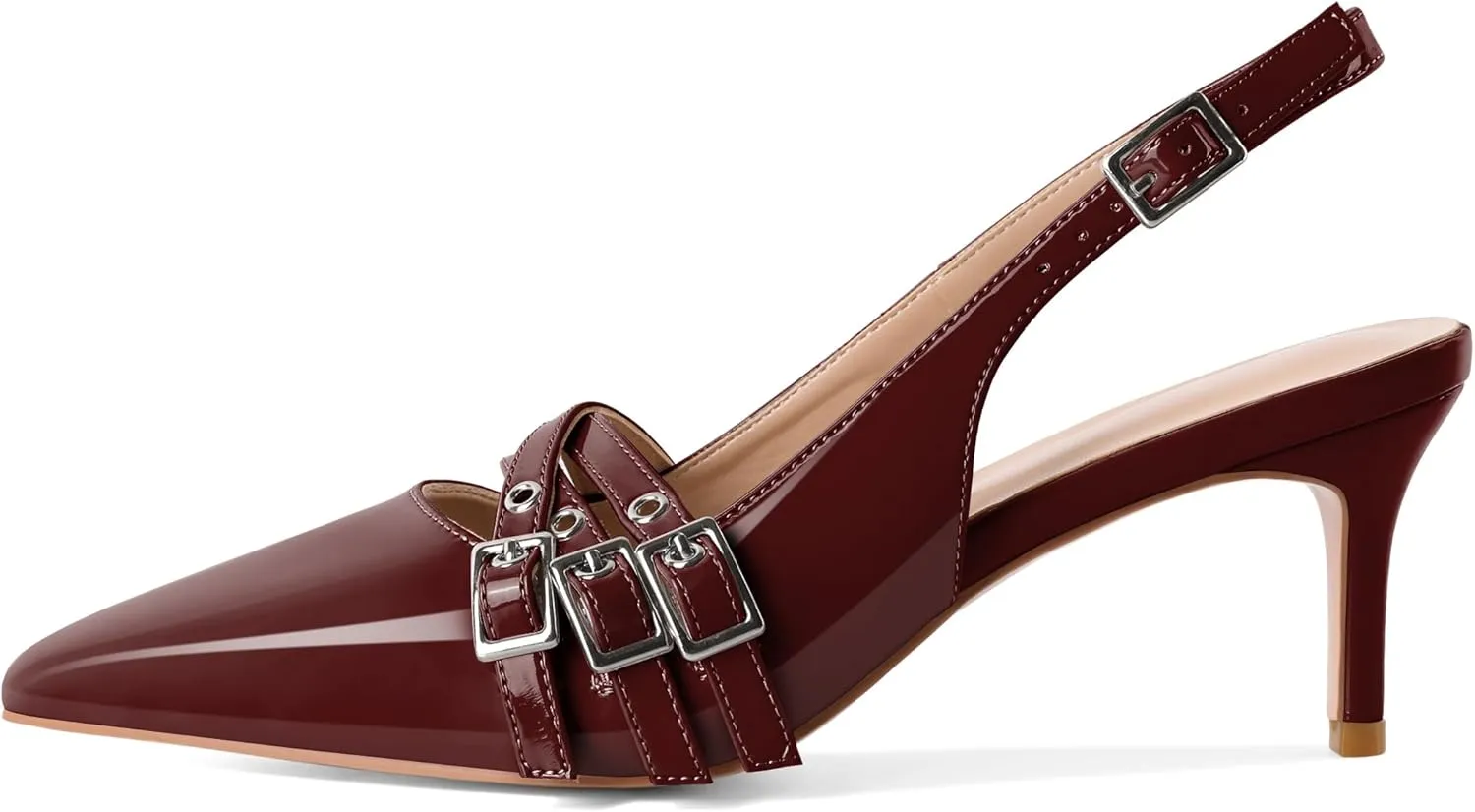 Eldof Women Slingback Heels Eyelet Buckle Strap Pointed Toe Slip On Kitten Heel Pumps Shoes Dressy 2.5 Inches