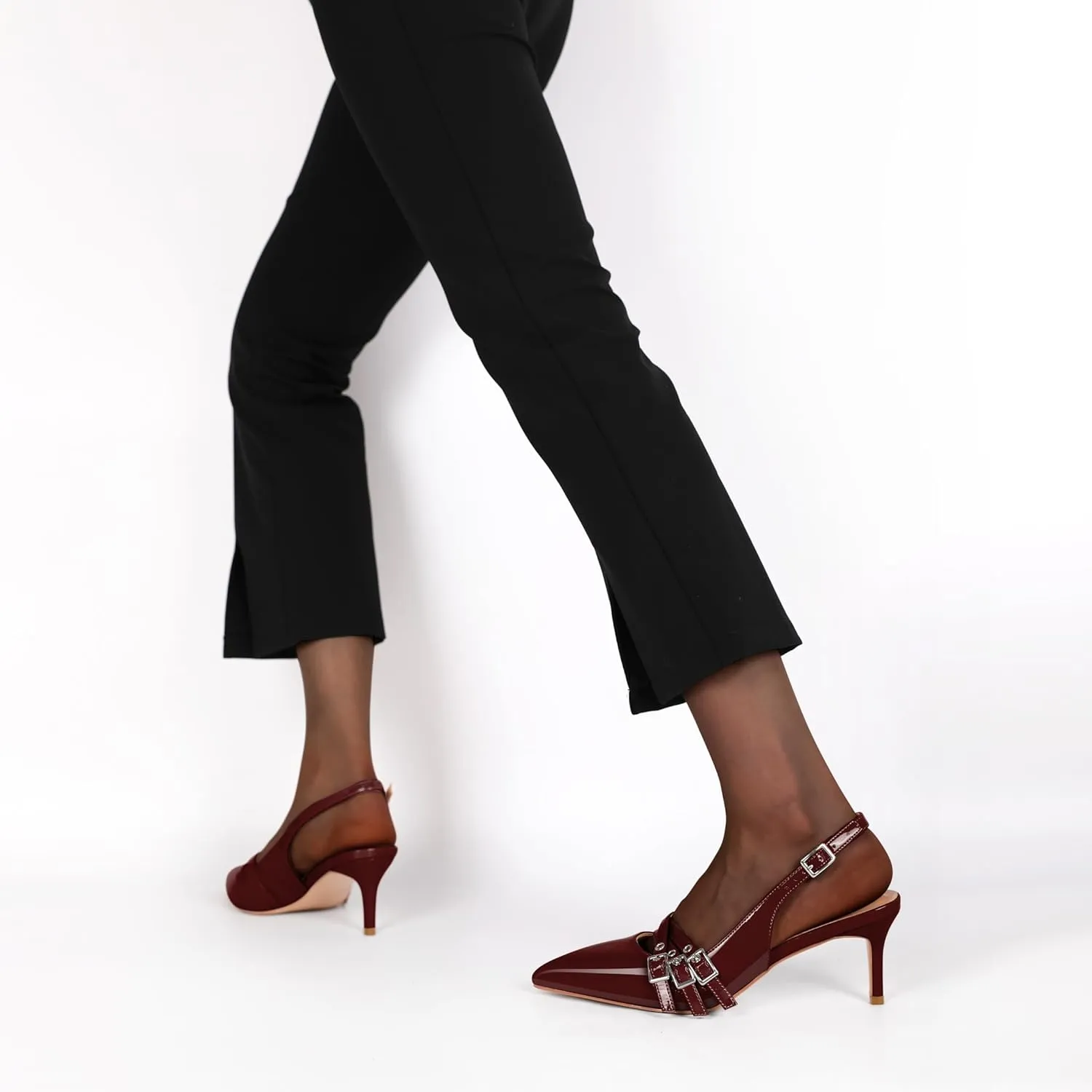 Eldof Women Slingback Heels Eyelet Buckle Strap Pointed Toe Slip On Kitten Heel Pumps Shoes Dressy 2.5 Inches