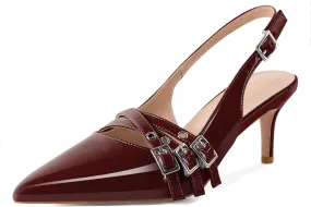 Eldof Women Slingback Heels Eyelet Buckle Strap Pointed Toe Slip On Kitten Heel Pumps Shoes Dressy 2.5 Inches