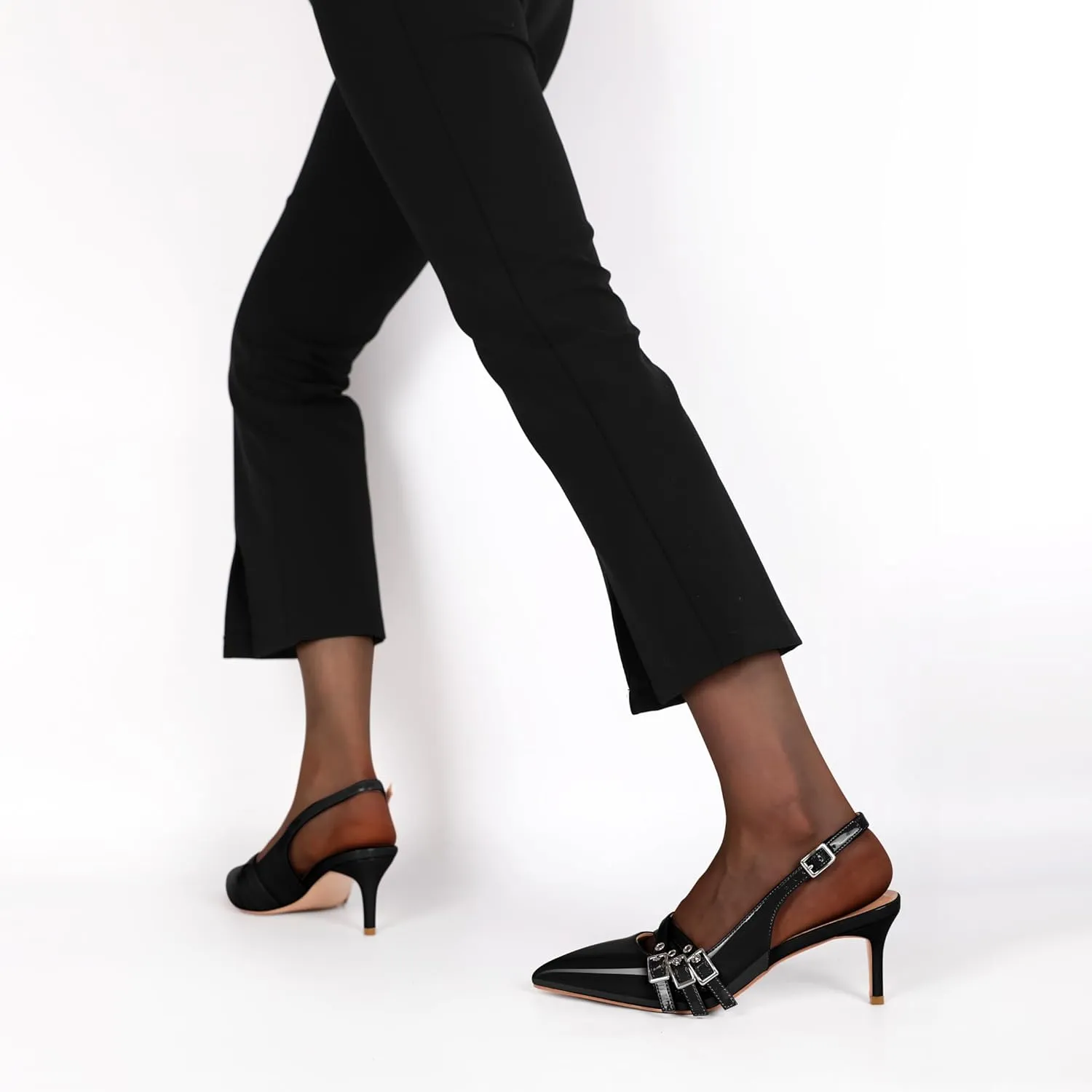 Eldof Women Slingback Heels Eyelet Buckle Strap Pointed Toe Slip On Kitten Heel Pumps Shoes Dressy 2.5 Inches