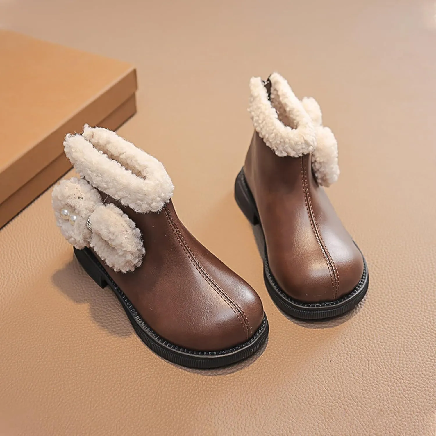 Girls Kids Leather Fuzzy Booties Cute Sole Non Slip Shoes Boots Winter Warm Comfy ow Heel Boots Childrens Ski Snow Boots