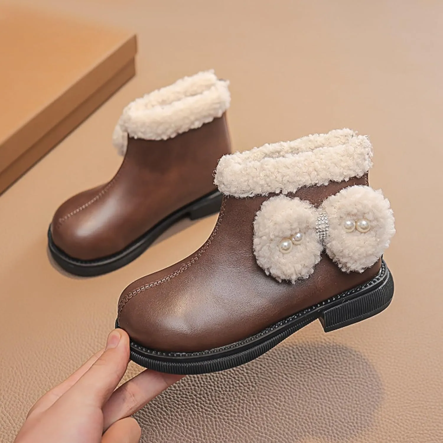 Girls Kids Leather Fuzzy Booties Cute Sole Non Slip Shoes Boots Winter Warm Comfy ow Heel Boots Childrens Ski Snow Boots