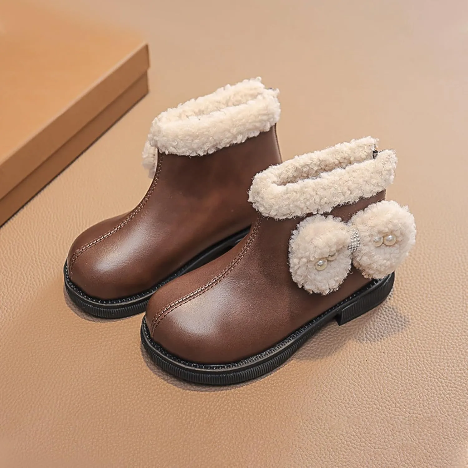 Girls Kids Leather Fuzzy Booties Cute Sole Non Slip Shoes Boots Winter Warm Comfy ow Heel Boots Childrens Ski Snow Boots