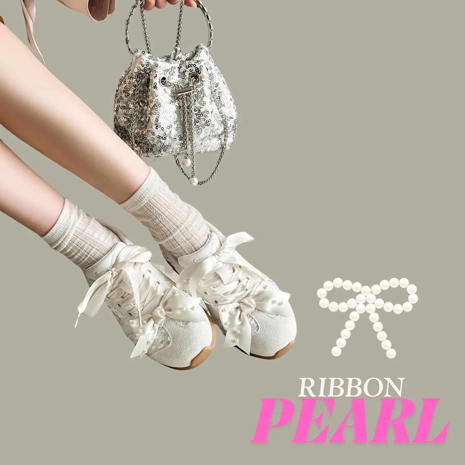 Kawaii Platform Shoes  Chunky Sneakers for Women, Aesthetic Ballet-Inspired Shoes with Bow & Pearls, Cute Fashion Backpack-Inspired Trainers