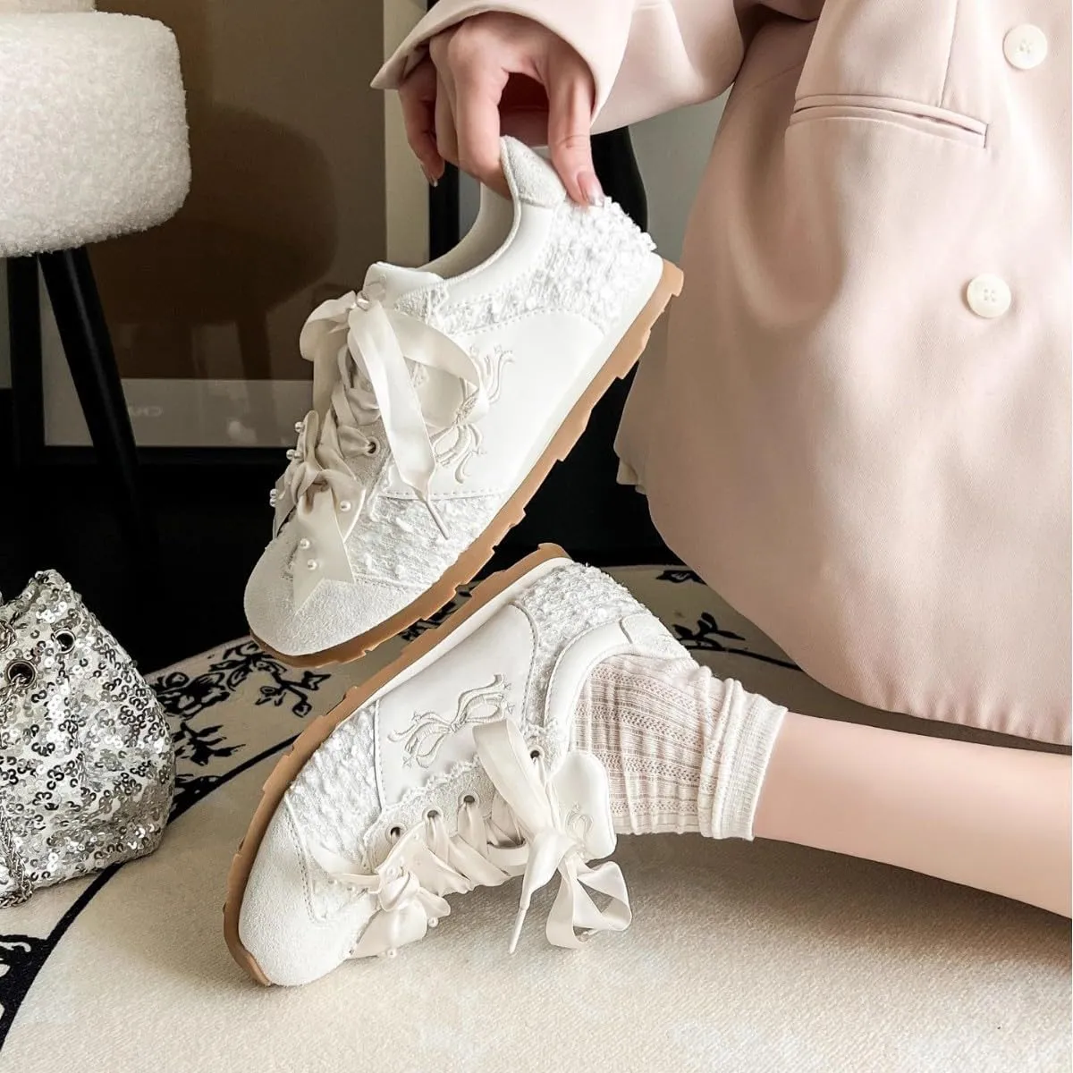 Kawaii Platform Shoes  Chunky Sneakers for Women, Aesthetic Ballet-Inspired Shoes with Bow & Pearls, Cute Fashion Backpack-Inspired Trainers