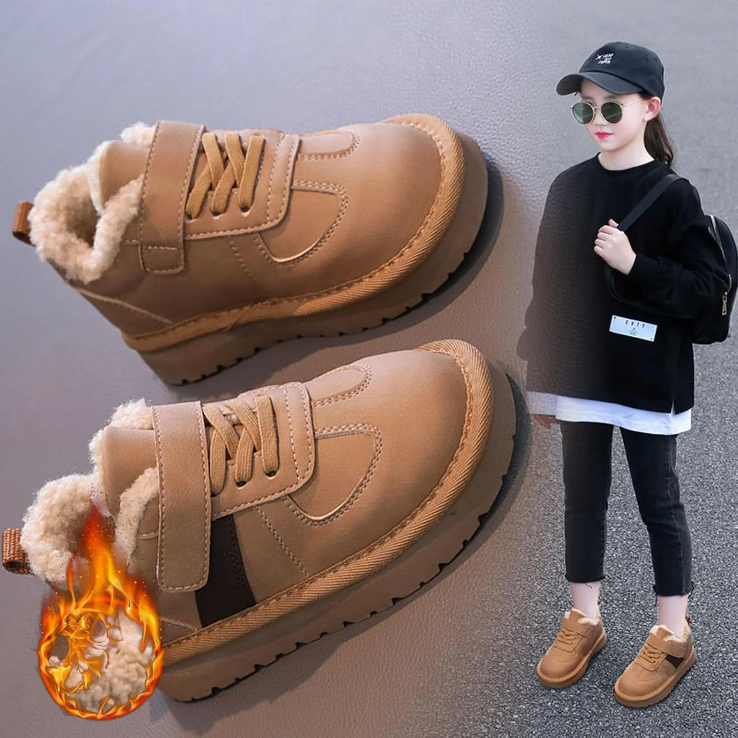 Kids Fleece Warm Lined Sneakers Comfortable Cozy Lightweight Athletic Walking Jogging Sport Shoes for Cold Day