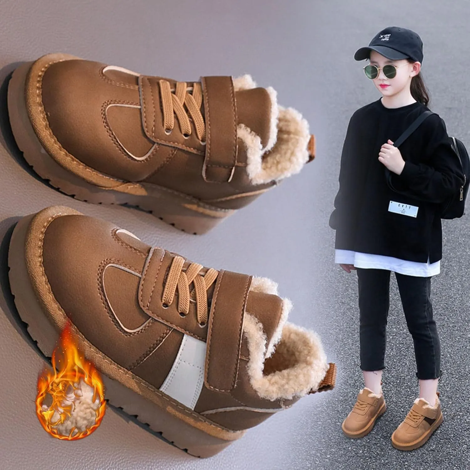 Kids Fleece Warm Lined Sneakers Comfortable Cozy Lightweight Athletic Walking Jogging Sport Shoes for Cold Day