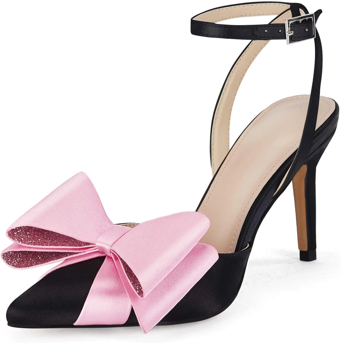 Rhinestone Silver Double Bow Ankle Strap Stiletto Heels