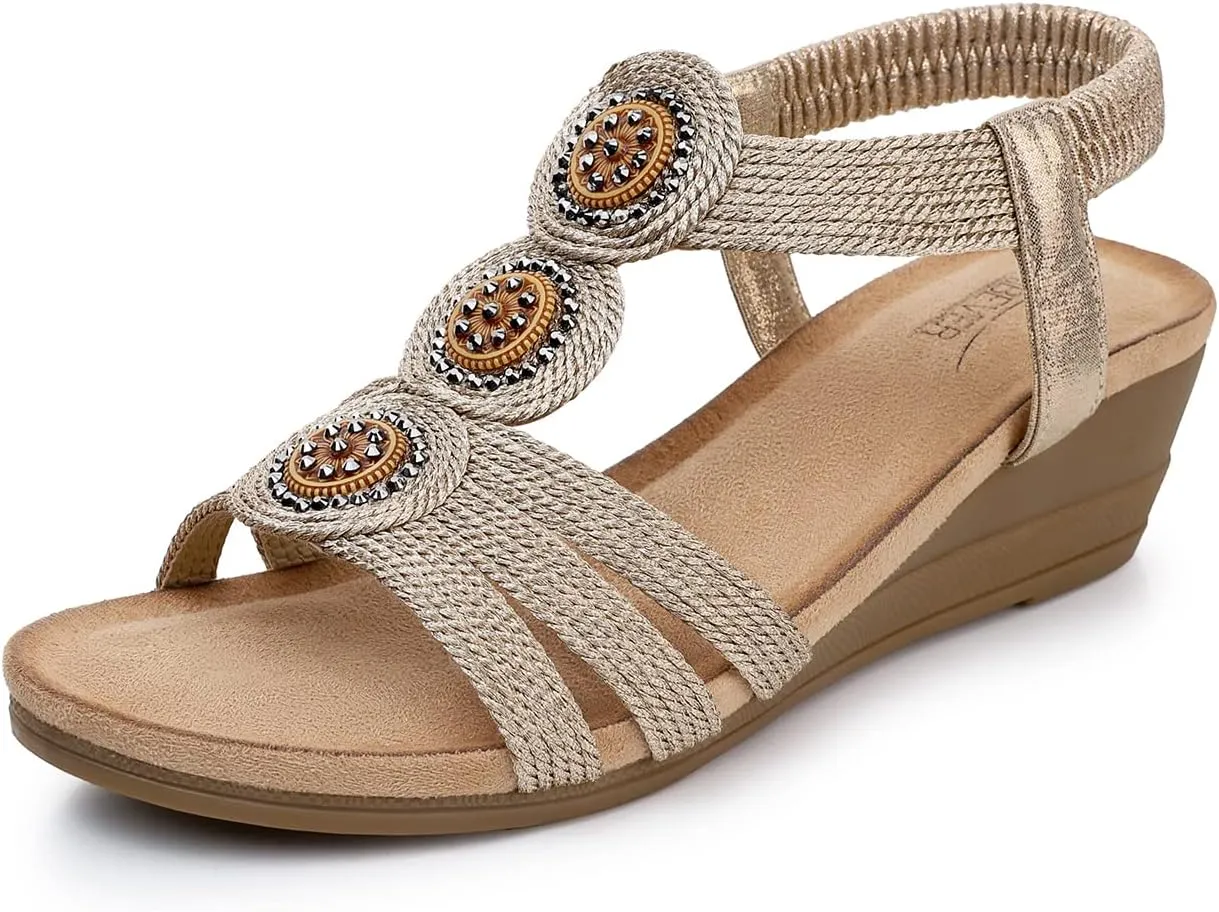 SHIBEVER Womens Sandals Wedge Low: Open Toe Elastic Ankle Strap Wedge Sandal - Dressy Sandals Women - Comfortable Summer