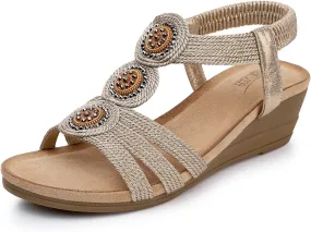 SHIBEVER Womens Sandals Wedge Low: Open Toe Elastic Ankle Strap Wedge Sandal - Dressy Sandals Women - Comfortable Summer