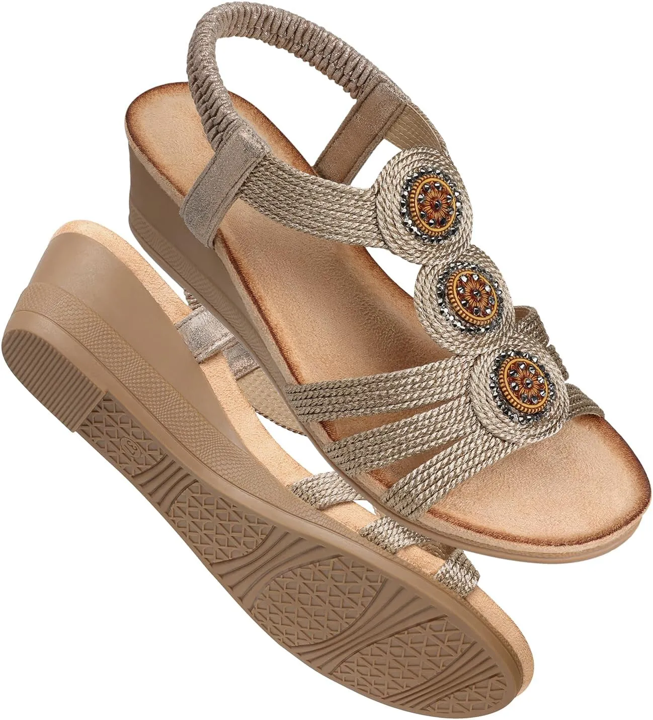 SHIBEVER Womens Sandals Wedge Low: Open Toe Elastic Ankle Strap Wedge Sandal - Dressy Sandals Women - Comfortable Summer