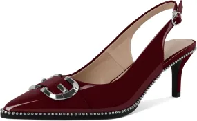 Soireelady Womens Slingback Kitten Heels Low Heel Beaded Pumps Pointed Toe Silver Buckle Fashion Dress Shoes 2.5 Inch