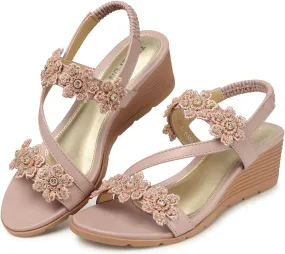 TEMOFON Wedge Sandals for Women Dressy: Summer Open Toe Elastic Ankle Strap - Comfortable Bohemian Low Wedge Sandals