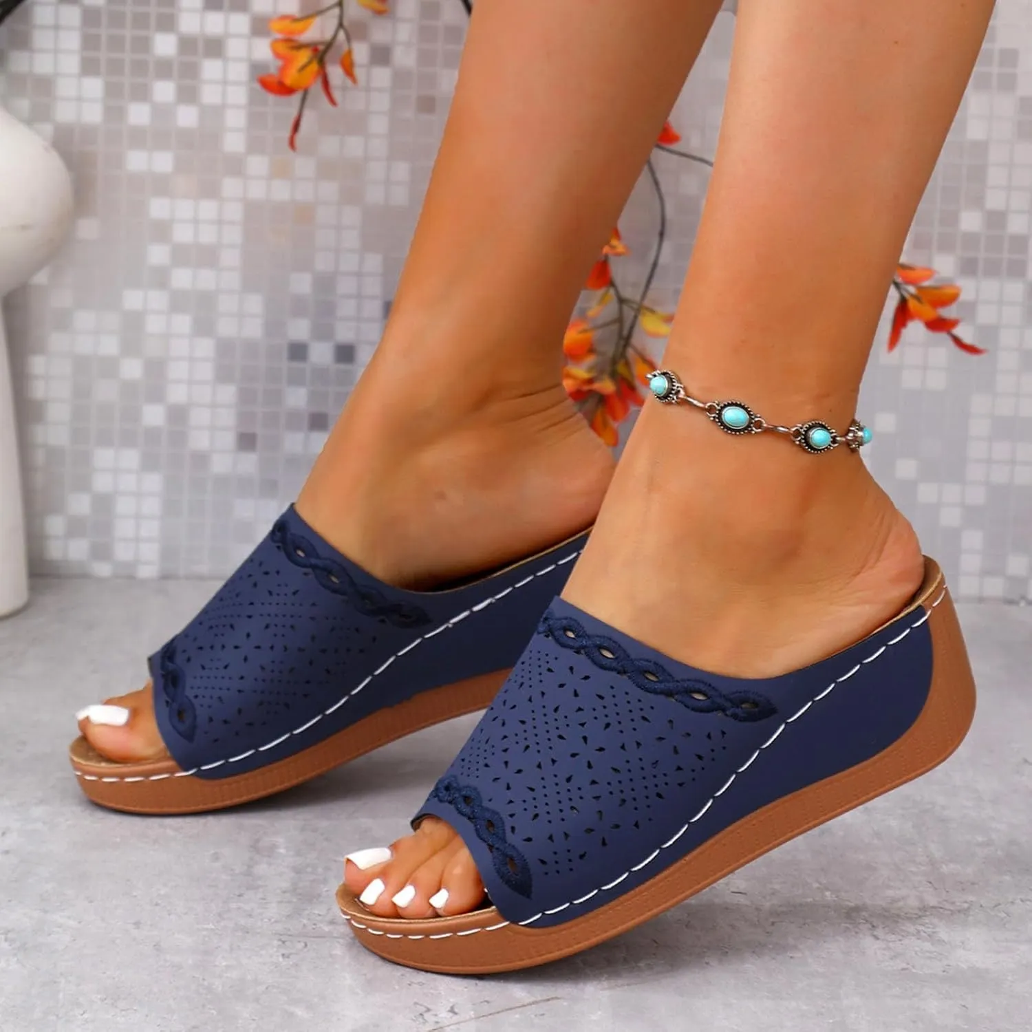 Wedge Sandals for Women Dressy Summer Comfortable Sandals Slip-On Platform Wedge Slides Shoes Casual Walking Hollow Out Beach Shoes