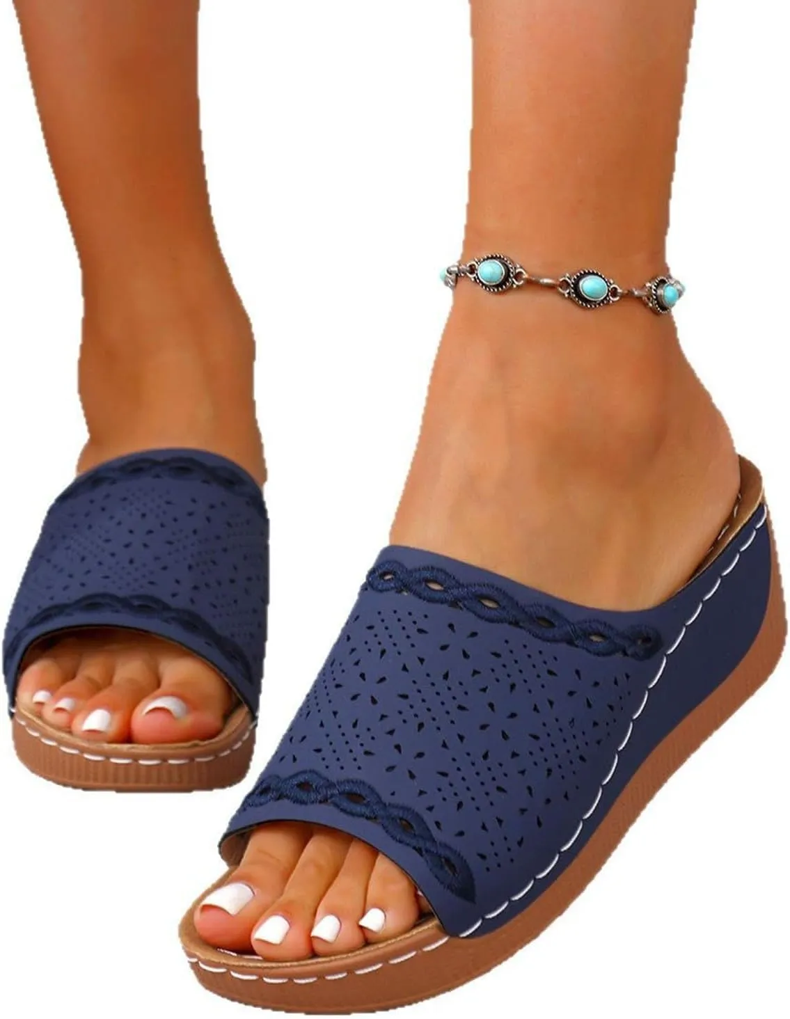 Wedge Sandals for Women Dressy Summer Comfortable Sandals Slip-On Platform Wedge Slides Shoes Casual Walking Hollow Out Beach Shoes