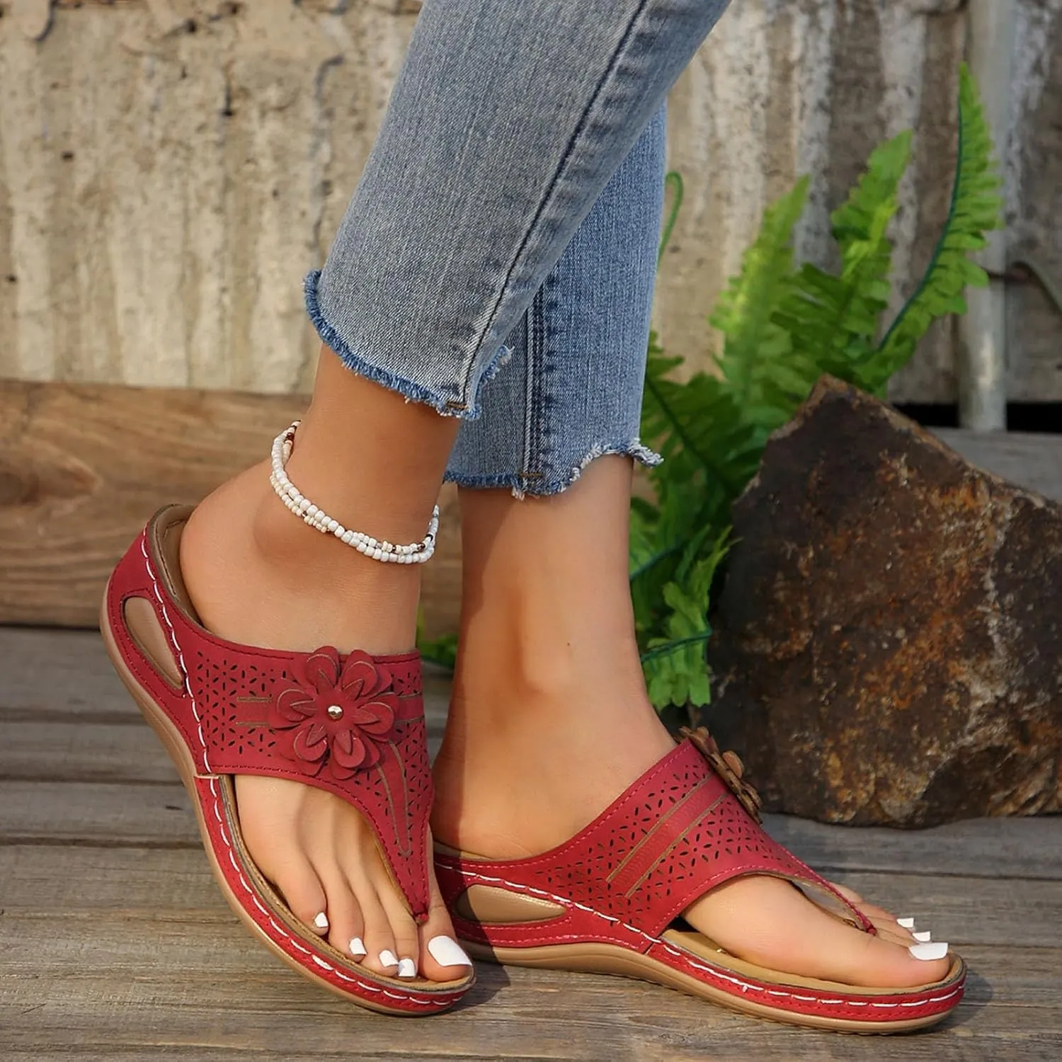 Wedge Sandals for Women Wide Width Casual Comfortable Flip Flops Arch Support Wedge Sandals Slip On Platform Slippers Beach Shoes