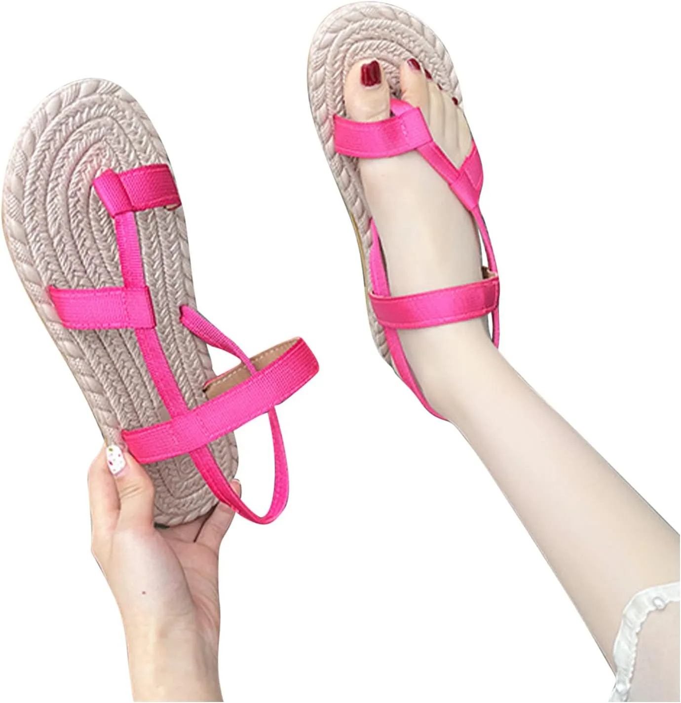 Women's Toe Ring Rattan Sandals High Elastic Irregular Shoe Trendy Simple Stylish Stretch Sandal Summer Hawaii Flat