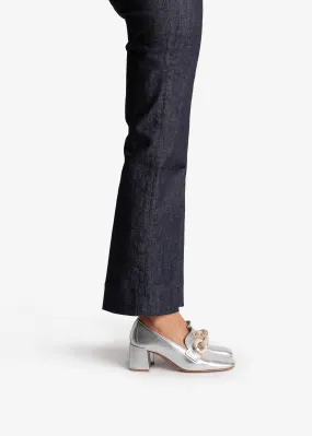 ZOENA SILVER MIDI HEEL LOAFERS W ASH WOOD DETAIL