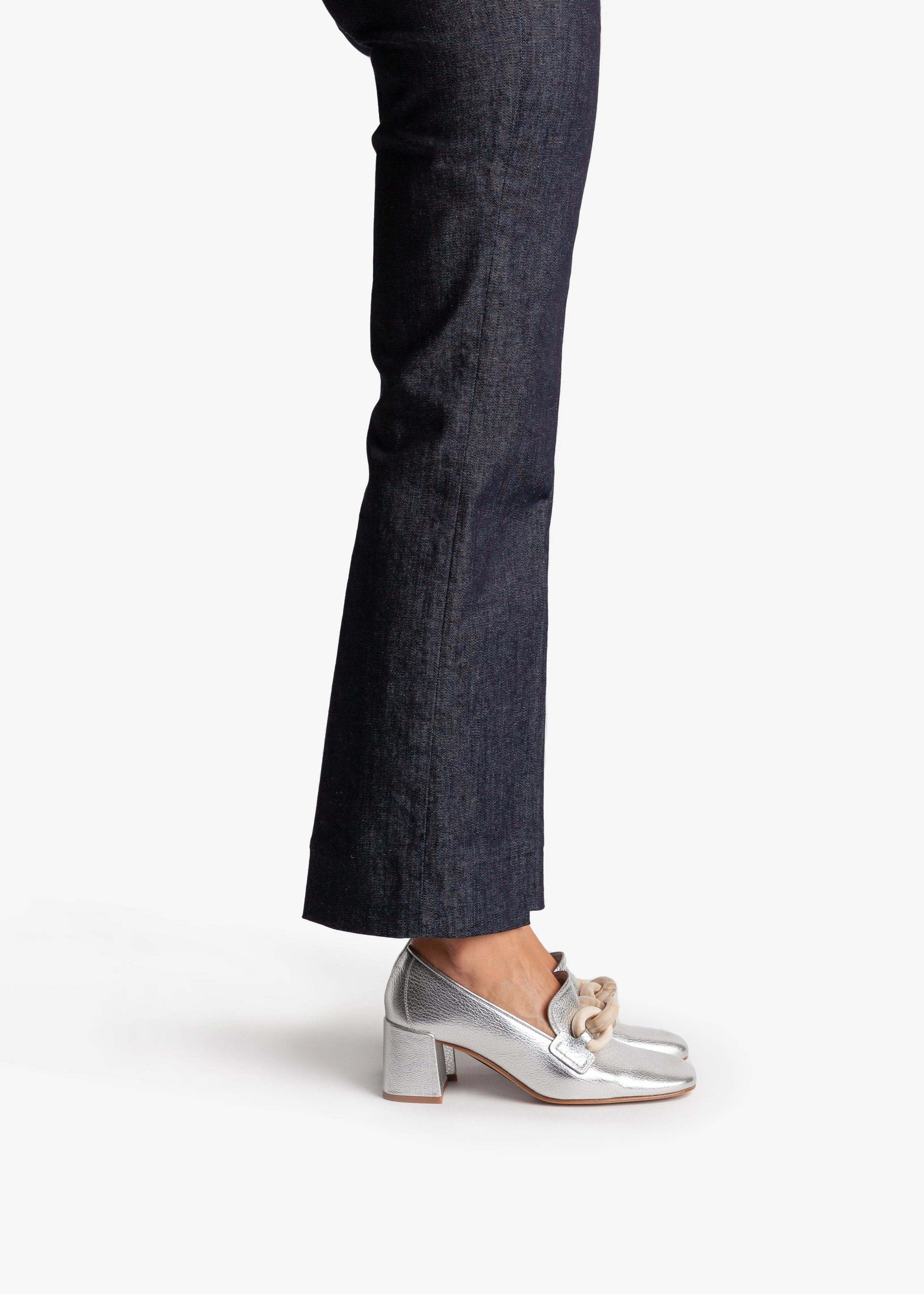 ZOENA SILVER MIDI HEEL LOAFERS W ASH WOOD DETAIL
